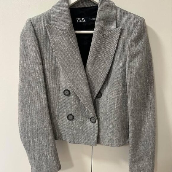 ZARA CROPPED HERRINGBONE DOUBLE BREASTED BLAZER - Picture 5 of 5